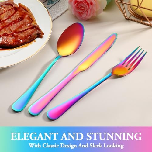 48 Pcs Rainbow Silverware Set with Steak Knives, Stainless Steel Flatware Cutlery Set for 8, Kitchen Tableware Sets, Utensil Sets for Home and Restaurant, Dishwasher Safe