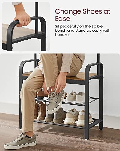 VASAGLE Coat Rack, Hall Tree with Shoe Bench for Entryway, Entryway Bench with Coat Rack, 4-in-1, with 9 Removable Hooks, a Hanging Rod, 13.3 x 28.3 x 72.1 Inches, Rustic Walnut and Black UHSR040B41