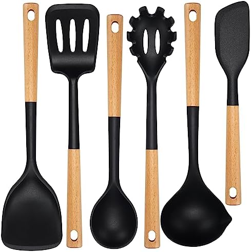 NCUE 6-Pcs Silicone Kitchen Utensils Set Wood Handle BPA-Free Food Grade