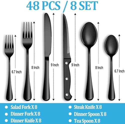 48 Pcs Black Silverware Set with Steak Knives, Stainless Steel Flatware Cutlery Set for 8, Kitchen Tableware Sets, Utensil Sets for Home and Restaurant, Dishwasher Safe