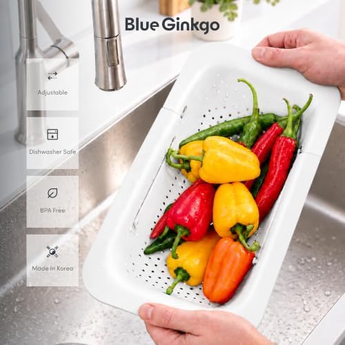 Blue Ginkgo Over Sink Colander, Extendable Kitchen Strainer, 2-Pack, White