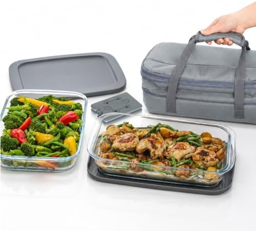 Glad Cook & Take Set - Glass Baking Dishes with Lids, Insulated Carrier, and Cold Packs - Easily Transport Hot/Cold Casseroles - Borosilicate Glass Bakeware with Zippered Tote Bag