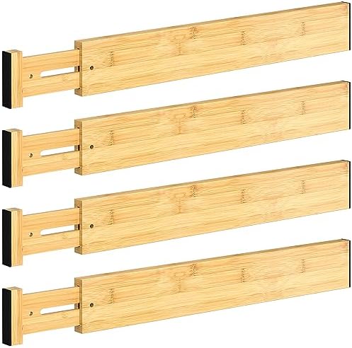 4 Pack Bamboo Drawer Dividers 17-22" Adjustable Kitchen Organizer, Natural