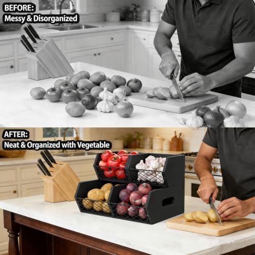 Wood Potato and Onion Storage Bins, Stackable Pantry Organizer, Rustic Produce Storage Baskets for Vegetable, Fruit and Snack, Black