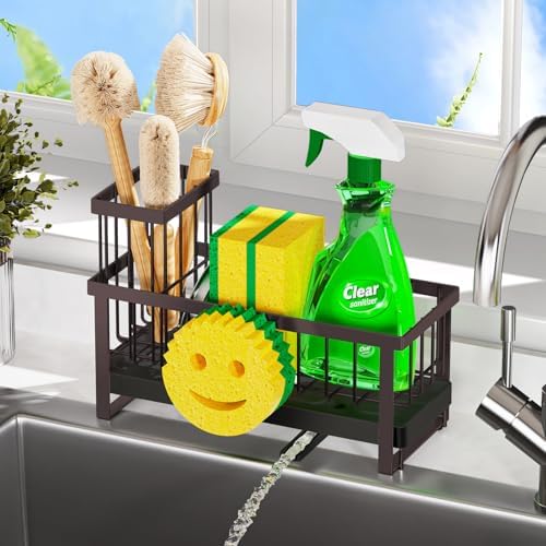 Sponge Holder for Kitchen Sink,Sink Caddy with Removable Dish Brush Holder,Self-Draining Kitchen Countertop Organizers and Storage Essentials,Soap Dispenser Organize and Home Decor-Bronze