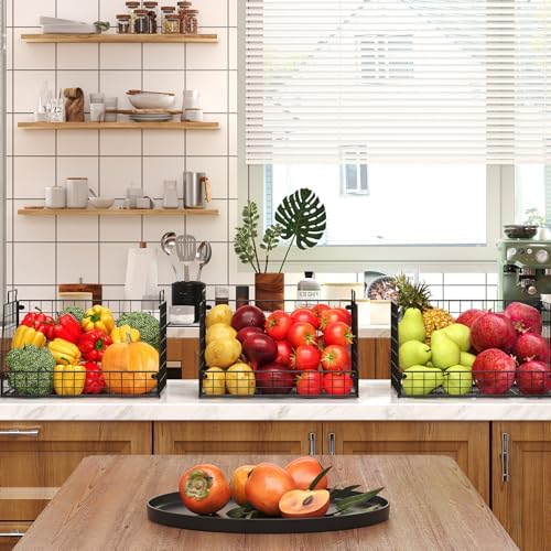 3 Pack XXL Stackable Wire Baskets, Large Storage Bins for Onion, Potato, Vegetable, Fruit, Snack, Pantry Baskets for Kitchen Cabinet Countertop, Pantry Organizers and Storage Solutions