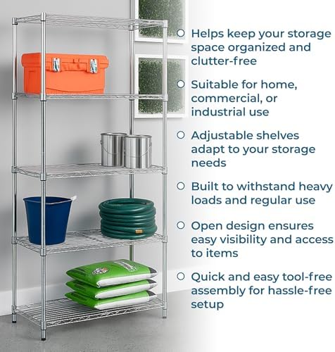 Honey-Can-Do 5-Tier Rolling Chrome Wire Shelf, NSF, 350 lb/Shelf, 36x18x72