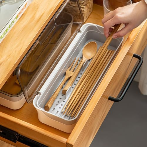 Plastic Kitchen Drawer Organizer with Lid and Drainer Stackable Utensil Holder for Countertop Silverware Tray White Flatware Organizers - 12.6x4.7x2.4 Inch Storage Box Spatula Cutlery Tray