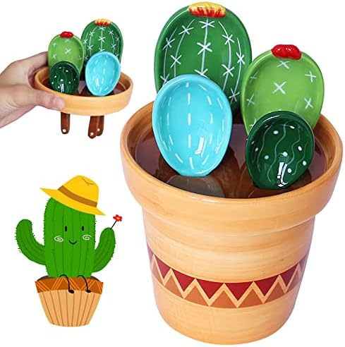 Cactus Measuring Spoons Set in Pot, Cute Ceramic Measuring Cups
