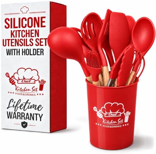 12 Pcs Red Kitchen Accessories with Holder for Nonstick Cookware
