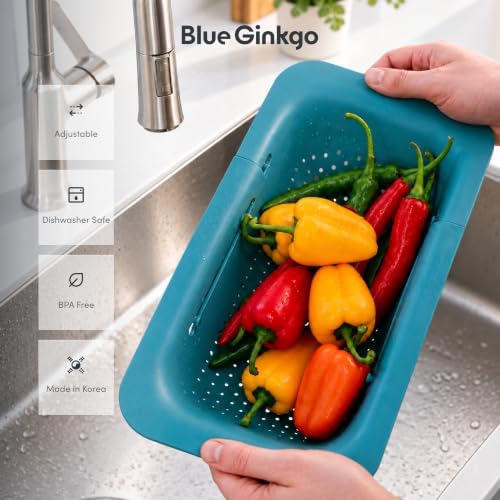 Blue Ginkgo Over Sink Colander, Extendable Kitchen Strainer, 2-Pack, Teal