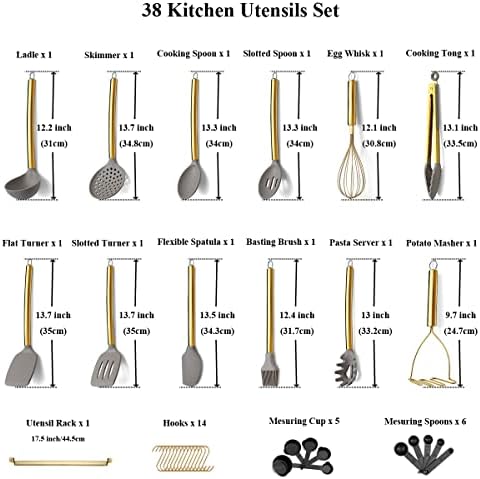 38 Piece Silicone kitchen Cooking Utensils Set with Utensil Rack, Silicone Head and Stainless Steel Handle Cookware, Kitchen Tools for Utensil Sets, Non-Stick kitchen Gadgets, Dishwasher Safe (Gold)