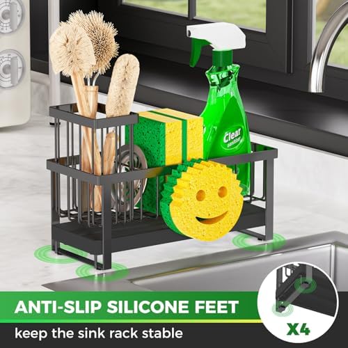 Sponge Holder for Kitchen Sink,Sink Caddy with Removable Dish Brush Holder,Self-Draining Kitchen Countertop Organizers and Storage Essentials,Soap Dispenser Organize and Home Decor-Black