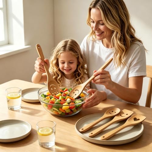 Smiley Face Wooden Spoons Set, 5-Piece Organic Bamboo Cooking Utensils