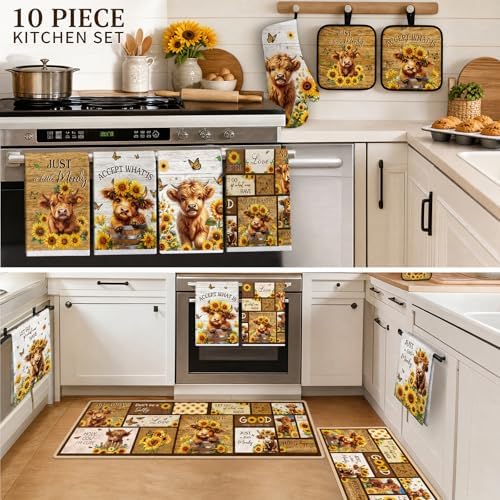 Highland Cow Kitchen Decor Set, 10 Pcs Highland Cattle Sunflower Farmhouse Kitchen Rugs, Dish Towels, Pot Holders & Oven Mitts, Heat Resistant Cooking Baking Accessories for Home Gifts