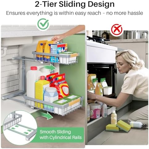 Kitstorack Under Sink Organizer, 2 Tier Under the Sink Storage, Slide out Pull out Cabinet Organizer Shelf, Metal Sliding Drawer for Kitchen Bathroom Pantry Closet Organization Rack, Grey, 2 Pack