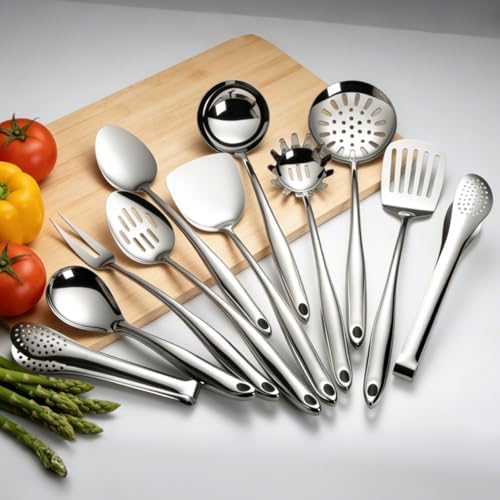 304 Stainless Steel Cooking Utensils Set, 11 PCS Long Large Metal Cooking Utensil Tools Set, Mirror Polished Kitchen Gadget Cookware and Kitchen Tool Set, Dishwasher Safe