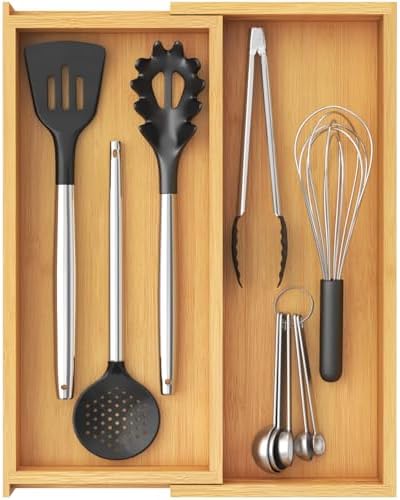 Lifewit Bamboo Utensil Organizer for Kitchen Drawer, Cooking Utensil Tray