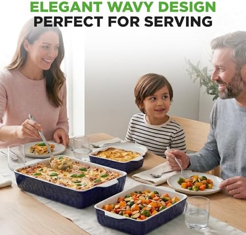 NutriChef 3-Piece Ceramic Casserole Dishes for Oven - Heavy Duty Rectangular Lasagna Baking Pans w/ Premium Nonstick Coating & Handles - PFOS, PTFE, PFOA Free - Microwave & Oven Safe, Royal Blue