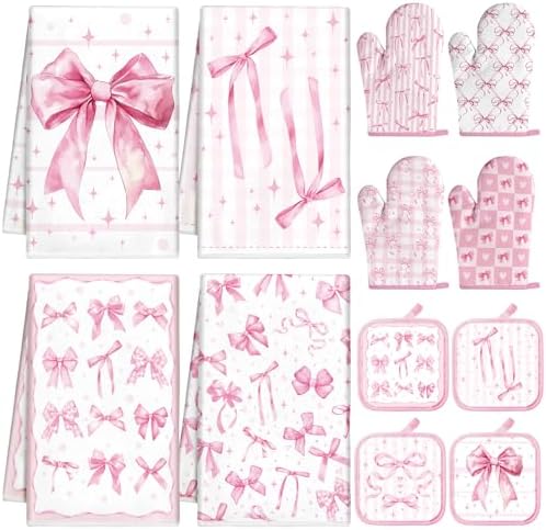 SiliFine 12 Pcs Pink Bow Kitchen Accessories Set Coquette Style