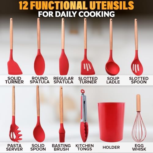 12 Pcs Red Kitchen Accessories with Holder for Nonstick Cookware