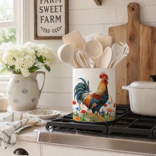 Rooster Ceramic Utensil Crock, Farm Rooster Kitchen Utensil Holder, Farmhouse Countertop Storage Organizer, Country Kitchen Decor Caddy for Spatulas & Baking Gadgets