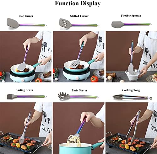 HOMQUEN 38 Piece Silicone Kitchen Cooking Utensils Set with Utensil Rack, Silicone Head and Stainless Steel Handle Cookware, Rainbow Handle with Silicone Head