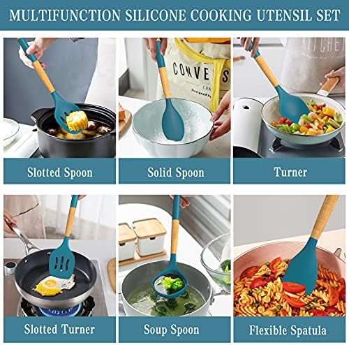 33 PCS Silicone Kitchen Utensils Set, Umite Chef Heat Resistant Cooking Utensils Set With Holder, Wooden Handle Kitchen Gadgets Tools Spatula for Nonstick Cookware