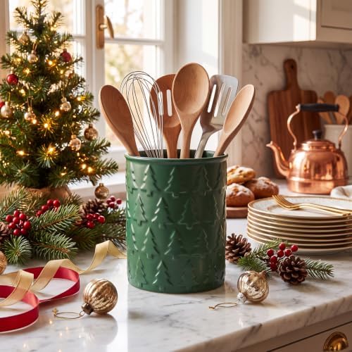 Yungyan Christmas Tree Utensil Holder for Kitchen Holiday, Green, Ceramic
