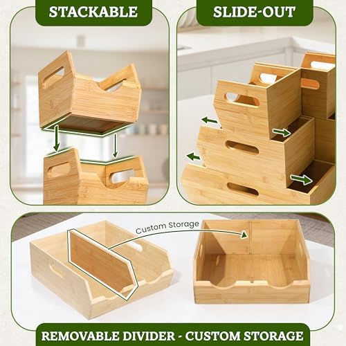 HOMESTEAD 3-Tier Bamboo Pantry Storage Bins – Stackable Potato & Onion Storage Bin with Handles, Fruit Basket & Produce Organizer for Kitchen Countertop, Pantry Organization, Set of 5