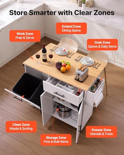 VEVOR Kitchen Island Cart with Storage, 46.06 in Wide Mobile Rolling Storage Island on Swivel Wheels, with Drawer, Storage Cabinet, Drop Leaf, Spice/Towel Rack, Table for Home Dining Room, White