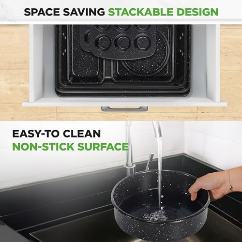 NutriChef 8-Piece Stackable Bakeware Set - Carbon Steel Non-Stick Baking Pan Set, Sheet, Muffin, Round, Loaf, Square Cake & Deep Pans, 450°F Heat Resistant, Standard & Convection Ovens (Black Marble)