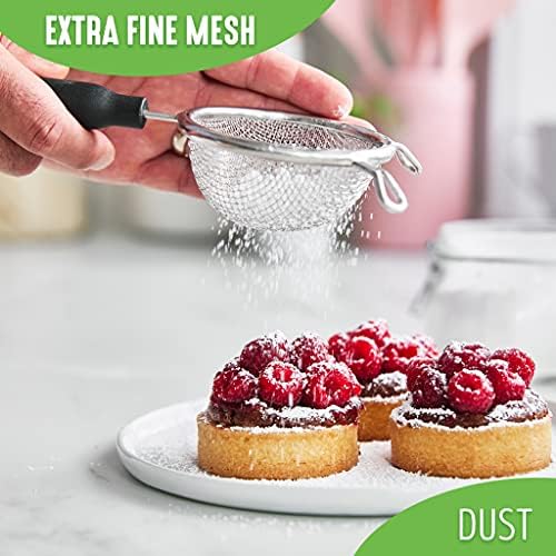 GreenLife Cooking Tools and Utensils, 4 Piece Extra Fine Stainless Steel Mesh Strainer Kitchen Set, Stay Cool Handles, Dishwasher Safe, BPA-Free, Turquoise