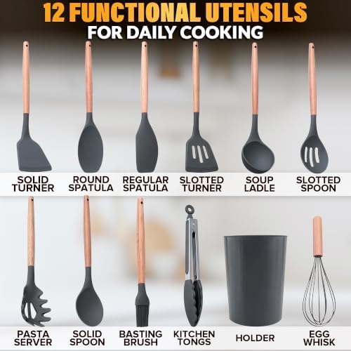 12 Pcs Gray Kitchen Utensils Set with Holder for Nonstick Cookware