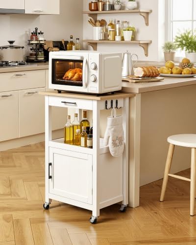 VEVOR Kitchen Island Cart with Single Door Cabinet, Mobile Carts with Drawer, Towel Rack, Hooks, Portable Table on Swivel Wheels, Small Coffee Islands Microwave Stand for Dining Room, 18x23 in, White