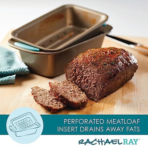 Rachael Ray 47578 Cucina Nonstick Bakeware Set with Grips Includes Nonstick Bread Pan, Baking Sheet, Cookie Sheet, Baking Pans, Cake Pan and Muffin Pan - 10 Piece, Latte Brown with Agave Blue Grips