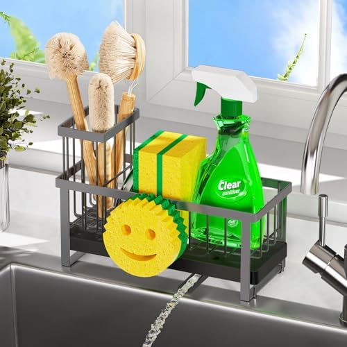 Sponge Holder for Kitchen Sink,Sink Caddy with Removable Dish Brush Holder,Self-Draining Kitchen Countertop Organizers and Storage Essentials,Soap Dispenser Organize and Home Decor-Gray