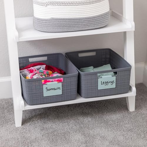 Hygge & Sage: Metal Bin Labels for Home Organization | Non-Slip Basket Clips for Storage Bins, Baskets, or Wire Racks | Includes 8 Labels, 8 Non-Slip Pads, and 2 Free Markers (Blue)