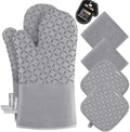KEGOUU Oven Mitts and Pot Holders 6pcs Set, Kitchen Oven Glove High Heat Resistant 500 Degree Extra Long Oven Mitts and Potholder with Non-Slip Silicone Surface for Cooking (Light Gary)
