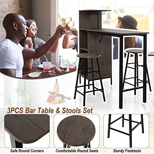 COSTWAY 3 Pieces Bar Table and Chair Set, Industrial Pub Table & Stools with Wine Glass Holders & 6-Bottle Wine Racks, Counter Height Dining Table Set for Living Room Dining Room Kitchen, Brown