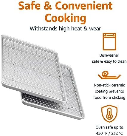 Amazon Basics Ceramic Nonstick Baking Sheets & Cooling Rack Set, Dishwasher Safe, Oven Safe, Half Sheet Size, Gray, 2-Pack