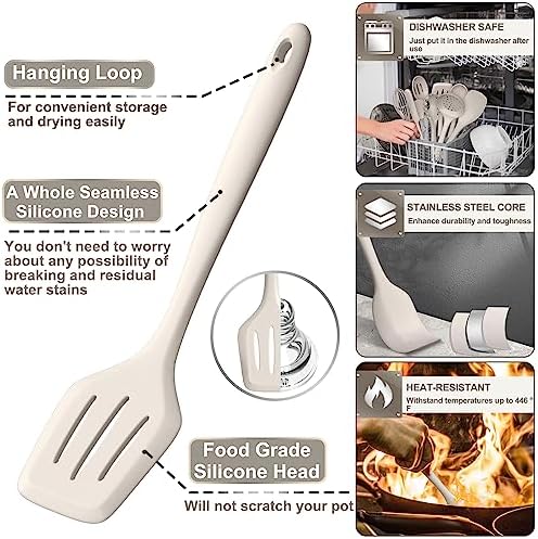 Silicone Kitchen cooking Utensils Set, AIKKIL 43 Pcs Heat Resistant Khaki Cooking Utensils Set, Turner, Tongs, Spoon, Spatula, Kitchen Gadgets Tools Set For Nonstick Cookware(Dishwasher, BPA Free)