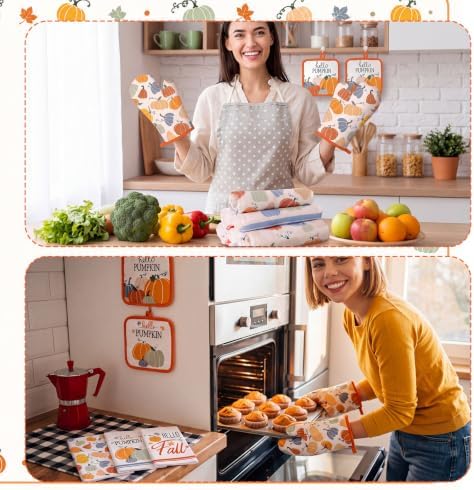 Fanfanwin 10 Pcs Fall Pumpkin Kitchen Decor Set Kitchen Towels Pot Holders Oven Mitts and Rugs Set Thanksgiving Towels for Baking Cooking BBQ Autumn Home(Multicolored Pumpkin,Multicolor,12)