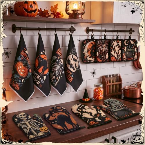 Teenyyou 12PCS Vintage Halloween Kitchen Decor, Towels Oven Mitt Pot Holder