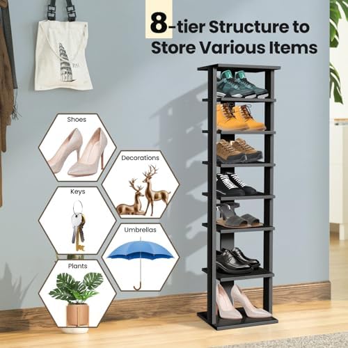 COSTWAY 8-Tier Vertical Shoe Rack, Tall Narrow Shoe Storage Organizer with Removable Shelf for Boots, Anti-Tipping Kit, Space-Saving Shoe Stand with for Small Place, Entryway (Black)
