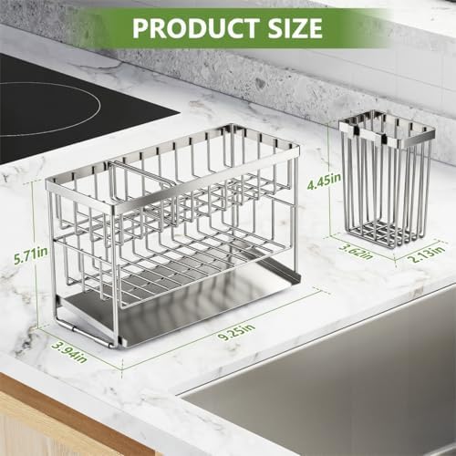 Cisily Silver 2-Tier Kitchen Sink Caddy Organzier Rack with Flexible Dish Brush Holder, Sponge Holder for Kitchen Sink Countertop Organization Storage,Home Decor Stainless Steel