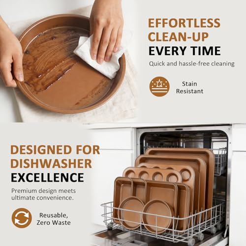 KOOMADE 10PCS Nonstick Baking Pans Set - Bakeware Sets for Cooking, Oven and Dishwasher Safe, Non Toxic, Includes Cookie Sheets for Baking, Muffin Pan, Bread Pan, Cake pan, Loaf Pan, Roasting Pan Gold