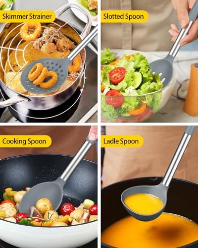 Silicone Kitchen Utensils Set, 8Pcs Cooking Utensils with Holder, Gray