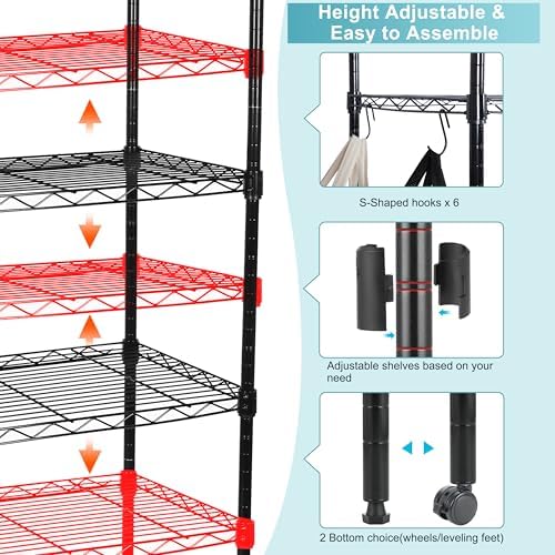 Whitmor 6 Tier Storage Shelves, Heavy Duty with Wheels, 400 lbs Capacity per Shelf, Max 2400 lbs Total, Adjustable Storage Units for Garage, Laundry, Plant, 30" L x 14" W x 70" H, Black