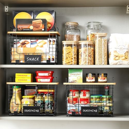 2 Set XL Stackable Wire Basket with Bamboo Tops & Tags- Pantry Organizer and Storage Bins, Kitchen Counter Cabinet Shelf Countertop Under Sink Organizing, Food Snack Produce Onion Potato Bread Storage